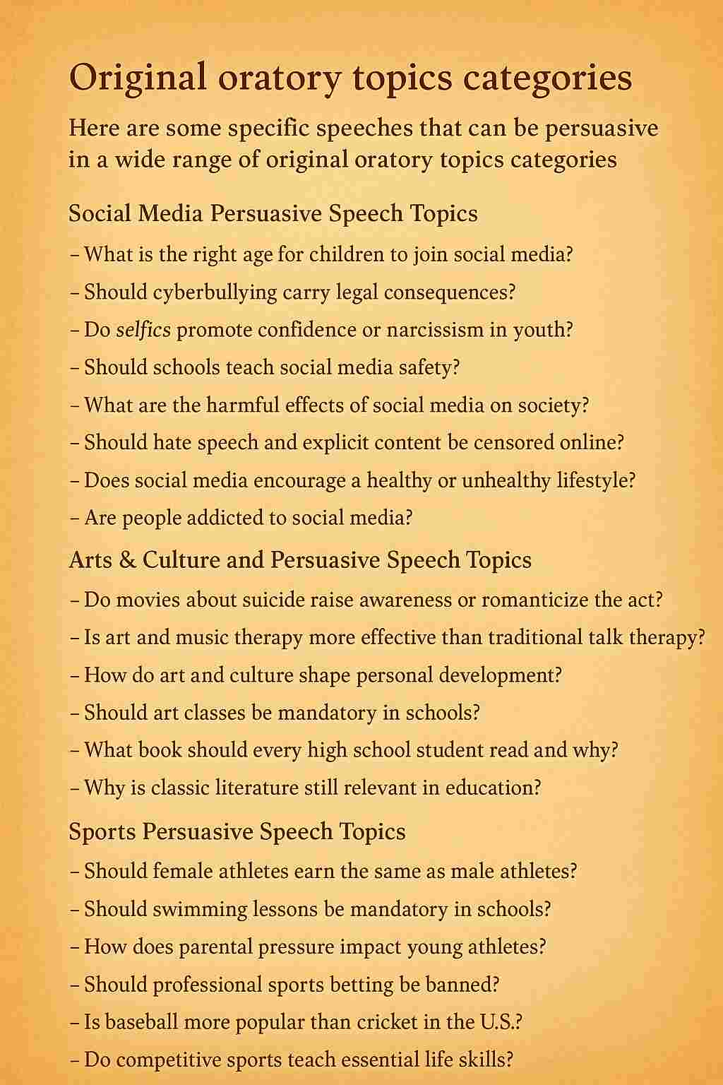 Original oratory topics